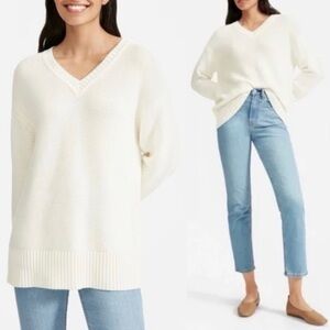 Everlane Link Stitch V Neck Cotton Oversized Sweater White